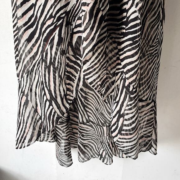 WHBM Zebra Print Faux Wrap Choker Neck  Ruffle Skirt  Midi Dress Size 12 - Picture 5 of 13